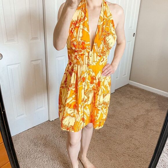 SALE!Vintage Ruth Clarage Jamaican Hand Printed Halter Mini Dress Orange - Picture 2 of 10